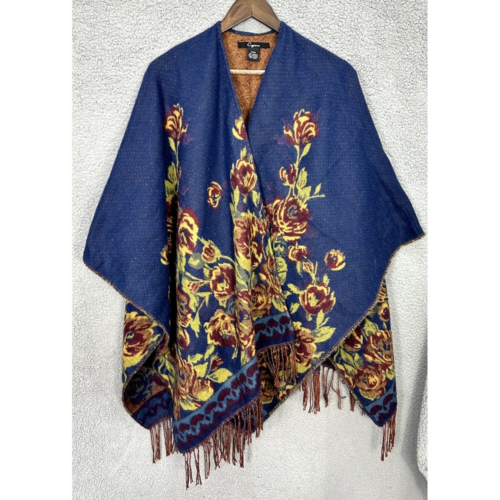 Cejon Fringe Floral‎ Wrap OSFM Blue Boho Cottage Shawl Poncho Layering Romantic